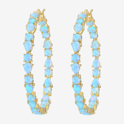 Lab Created White Opal 18K Gold Over Silver 38.5mm Hoop Earrings