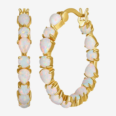 Lab Created White Opal 18K Gold Over Silver 25.4mm Pear Hoop Earrings