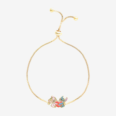 Womens Pink Crystal Gold Tone 18K Gold Over Brass Heart Lilo & Stitch Bolo Bracelet