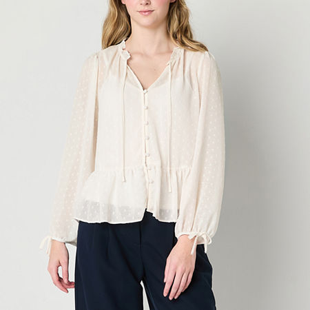 by&by Juniors Womens Split Tie Neck Long Sleeve Peasant Top