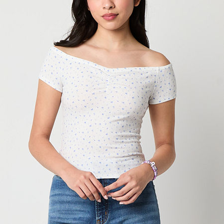 Arizona Off The Shoulder Womens Juniors Short Sleeve T-Shirt, X-small, Blue