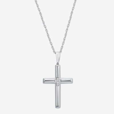 Mens White Cubic Zirconia Sterling Silver Cross 24 Inch Pendant Necklace