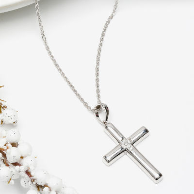 Mens White Cubic Zirconia Sterling Silver Cross 24 Inch Pendant Necklace