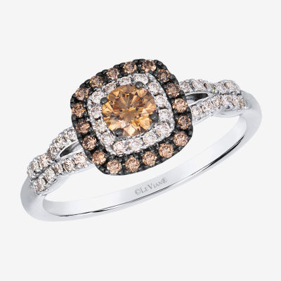 Levian Corp Womens 1/2 CT. T.W. Natural Champagne Diamond 14K White Gold Oval Halo Side Stone Cocktail Ring