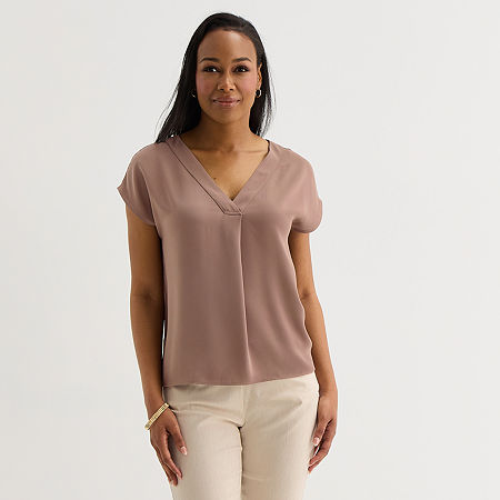 Liz Claiborne Womens Tall V Neck Short Sleeve Satin Blouse