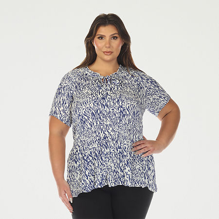 White Mark Printed Womens Plus V Neck Short Sleeve Peplum Top In Blue