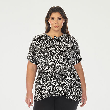White Mark Printed Womens Plus V Neck Short Sleeve Peplum Top In Black