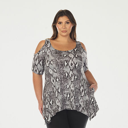 White Mark Plus Snake Print Womens Scoop Neck Short Sleeve Tunic Top In Black