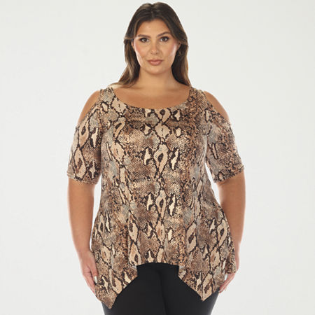 White Mark Plus Snake Print Womens Scoop Neck Short Sleeve Tunic Top In Brown