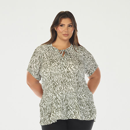 White Mark Printed Womens Plus V Neck Short Sleeve Peplum Top In Green
