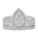 Womens 1 1/2 CT. T.W. Genuine White Diamond 10K White Gold Pear Side Stone Halo Bridal Set
