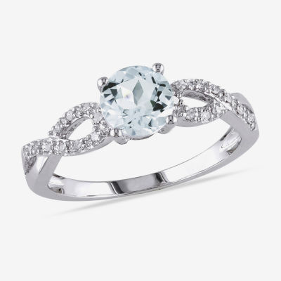 Modern Bride Gemstone Womens 1/10 CT. T.W. Genuine Blue Aquamarine 10K White Gold Round Engagement Ring