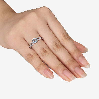 Modern Bride Gemstone Womens 1/10 CT. T.W. Genuine Blue Aquamarine 10K White Gold Round Engagement Ring