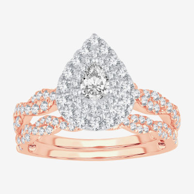 Signature By Modern Bride 1 CT.T.W. Natural Diamond Pear Shape Side Stone Halo Bridal Set in 10K or 14K Gold