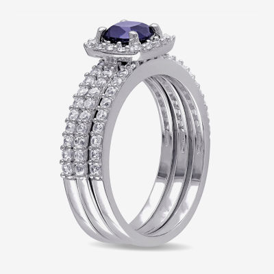 Modern Bride Gemstone Womens Lab Created Blue Sapphire Sterling Silver Cushion Halo Bridal Set