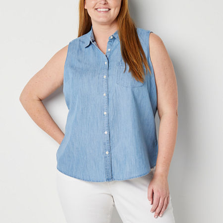  St. John's Bay Plus Womens Sleeveless Regular Fit Button-Down Shirt