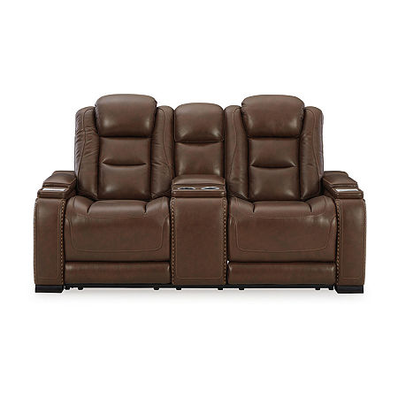 Signature Design By Ashley The Man-Den Triple Power Leather Reclining Loveseat With Console, One Size, Brown