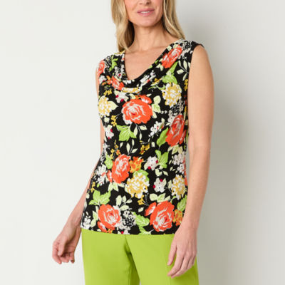 Black Label by Evan-Picone Floral Womens Cowl Neck Sleeveless Blouse