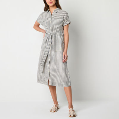 a.n.a Linen Short Sleeve Midi Shirt Dress