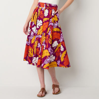 Worthington Womens Mid Rise Midi Pleated Skirt, Color Multi Palm JCPenney