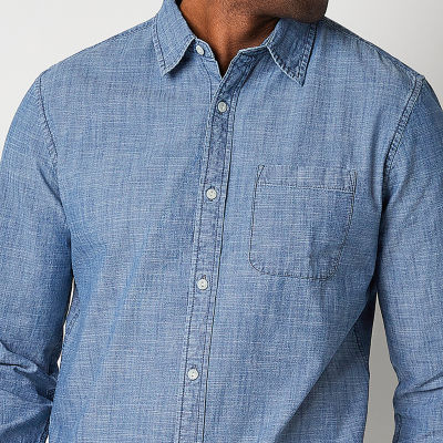 St. John's Bay Chambray Mens Long Sleeve Slim Fit Button-Down Shirt