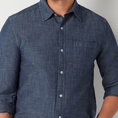 St. John's Bay Chambray Mens Long Sleeve Slim Fit Button-Down Shirt