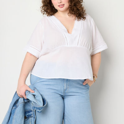 a.n.a Plus Ladder Trim Womens V Neck Short Sleeve Blouse