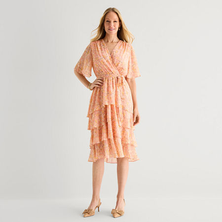 Studio 1 Womens Midi V Neck Short Sleeve Flutter Floral Fit + Flare Dress