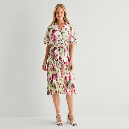 Studio 1 Womens Midi V Neck Short Sleeve Flutter Floral Fit + Flare Dress
