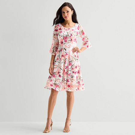 Rabbit Rabbit Rabbit Design Womens Round Neck 3/4 Sleeve Ruffled Floral Fit + Flare Dress