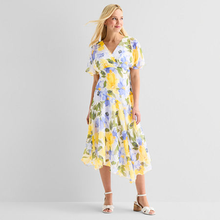Rabbit Rabbit Rabbit Design Womens Midi V Neck Short Sleeve Flutter Floral Fit + Flare Dress