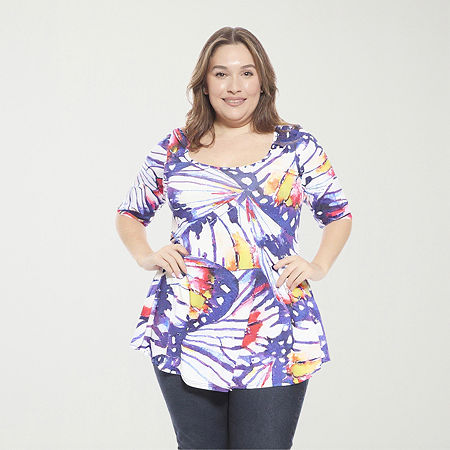 24seven Comfort Apparel Plus Womens Scoop Neck Elbow Sleeve Tunic Top