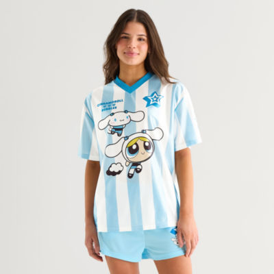 Hello Kitty x Powerpuff Girls Womens Juniors V Neck Short Sleeve Jersey
