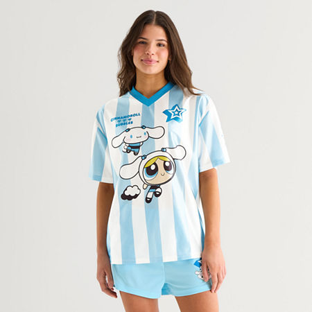 Mad Engine Hk X Ppg Bubbles Soccer Jersey Womens Juniors V Neck Short Sleeve Hello Kitty Powerpuff Girls Jersey In Blue