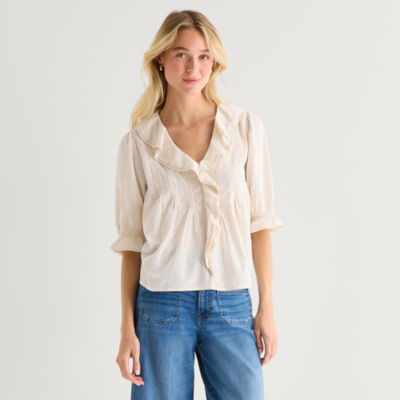 a.n.a Womens V Neck Elbow Sleeve Blouse