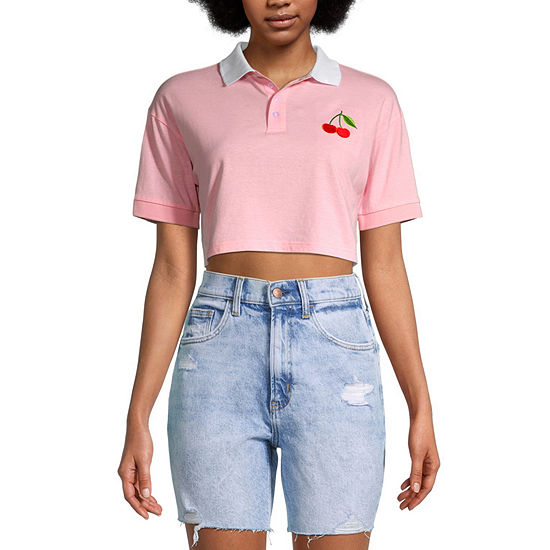 Cherries Embroidered Juniors Womens Cropped Polo Shirt