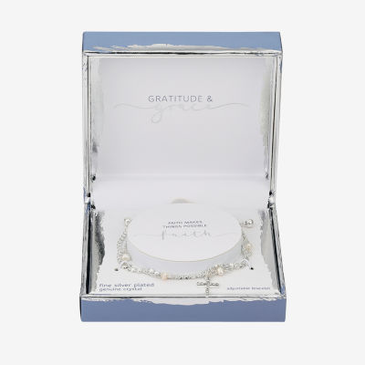 Gratitude & Grace Crystal Pure Silver Over Brass 9 Inch Box Cross Bolo Bracelet