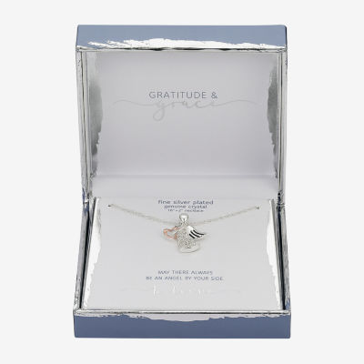 Gratitude & Grace Crystal Pure Silver Over Brass 16 Inch Box Angel Heart Pendant Necklace