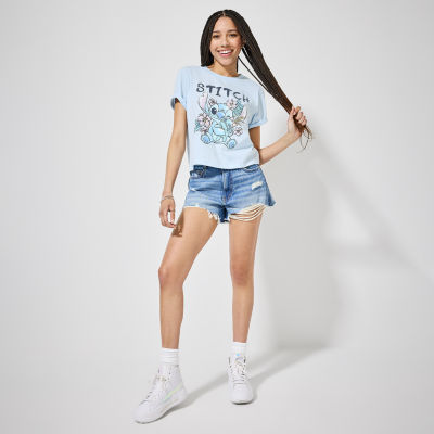 Juniors Stitch Floral Cropped Womens Crew Neck Short Sleeve Graphic T-Shirt
