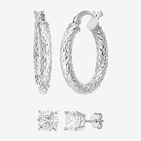 White Cubic Zirconia Sterling Silver Round 2 Pair Earring Set, One Size