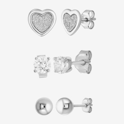 White Cubic Zirconia Sterling Silver Heart Round 3 Pair Earring Set