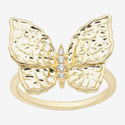 Sparkle Allure Hammered Cubic Zirconia 14K Gold Over Brass Butterfly Cocktail Ring