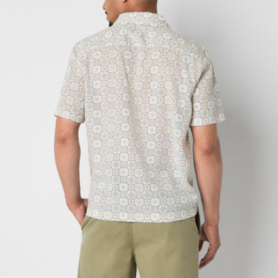 mutual weave Mens Linen Blend Short Sleeve Printed Camp Shirt