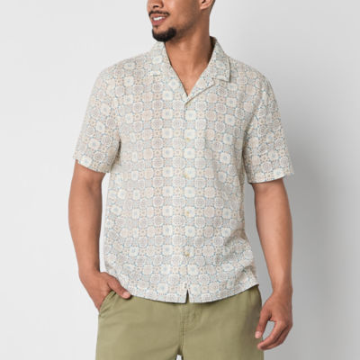 mutual weave Mens Linen Blend Short Sleeve Printed Camp Shirt