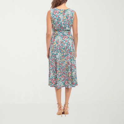 London Style Womens Sleeveless Floral Midi Fit + Flare Dress