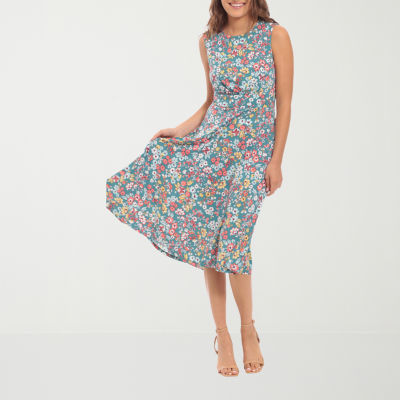 London Style Womens Sleeveless Floral Midi Fit + Flare Dress