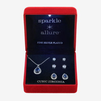 Sparkle Allure Light Up Box Womens Blue Cubic Zirconia Pure Silver Over Brass 4-pc. Jewelry Set