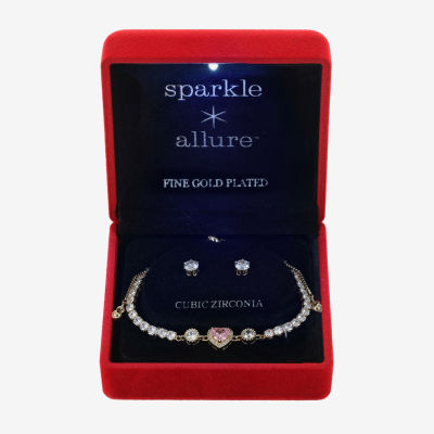 Sparkle Allure Light Up Box Womens Pink Cubic Zirconia 14K Gold Over Brass Heart 2-pc. Jewelry Set
