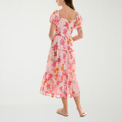 Trixxi Womens Juniors Short Sleeve Floral Midi Fit + Flare Dress