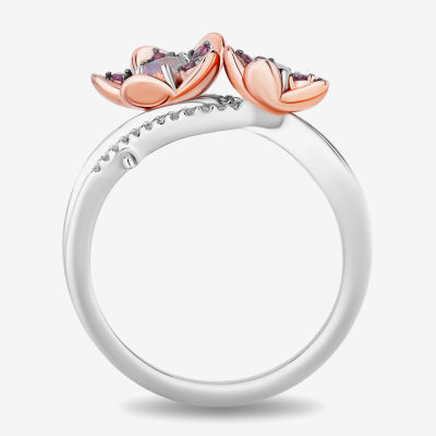 Enchanted Disney Fine Jewelry Womens Diamond Accent Genuine Red Rhodolite 14K Rose Gold Over Silver Two Tone Flower Princess Mulan Side Stone Bypass  Cocktail Ring
